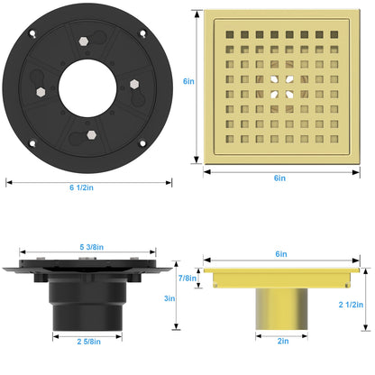6 Inch Square Shower Floor Drain with Removable Cover Grid Grate and Hair  Filter, High Flow Shower Drain Kit,SUS 304 Stainless Steel, Watermark&CUPC